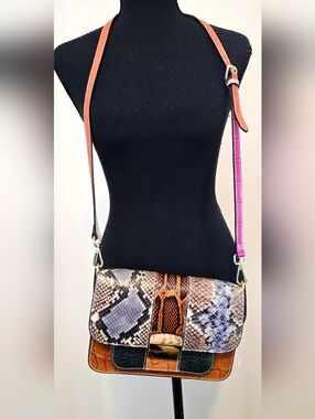 Bognar & Piccolini ItalianLeather Patchwork Crossbody Bag Snake Print Colorblock